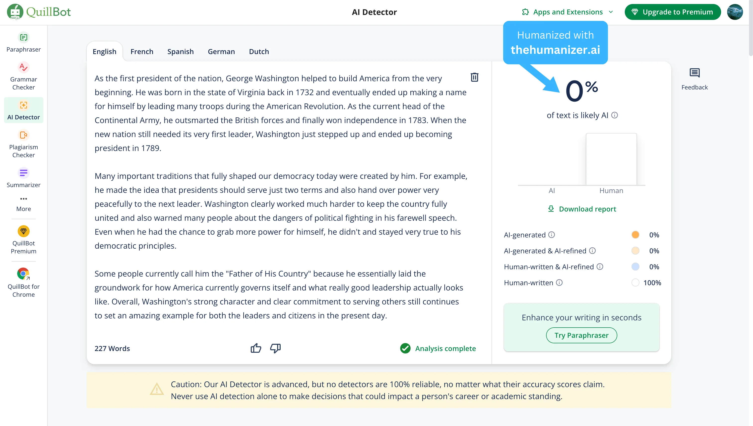 Quillbot AI detector showing humanized text passed as human