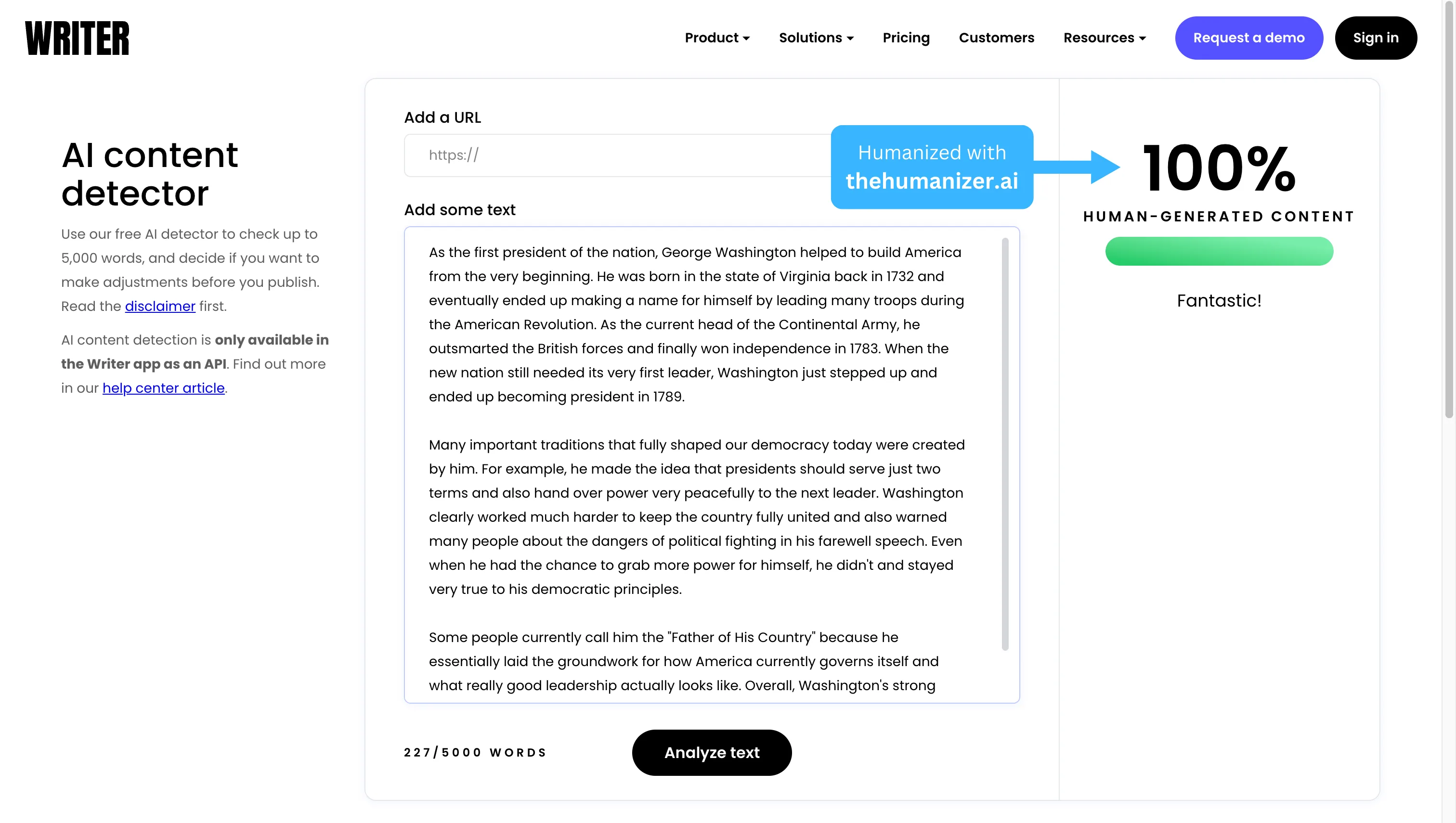Writer.com AI detector showing humanized text passed as human