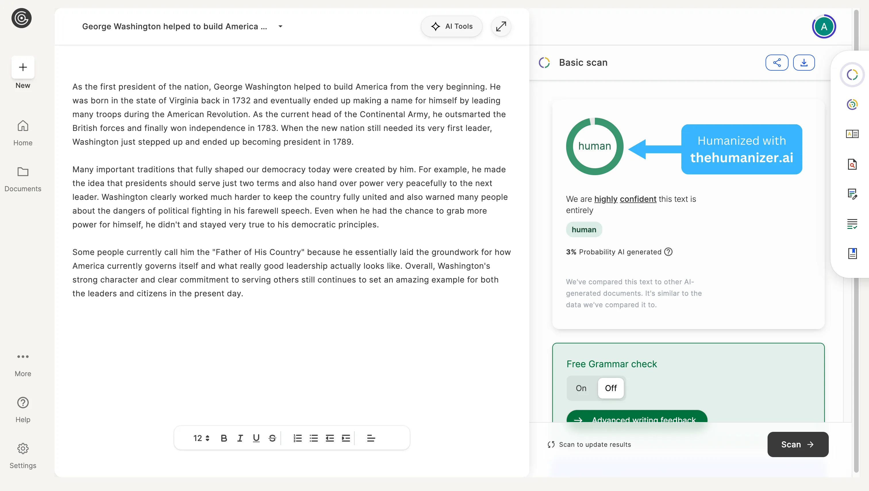 GPTZero AI detector showing humanized text passed as human